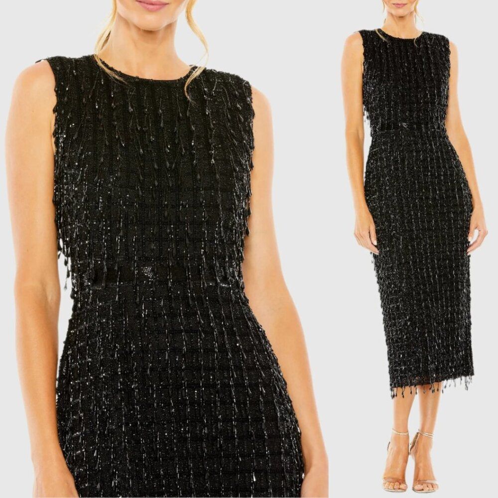 $598 Mac Duggal 5471 Size 2 Black Beaded Fringed Chandelier Midi Sheath Dress
